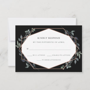 Greenery Geo Black Rose Gold Wedding RSVP Card