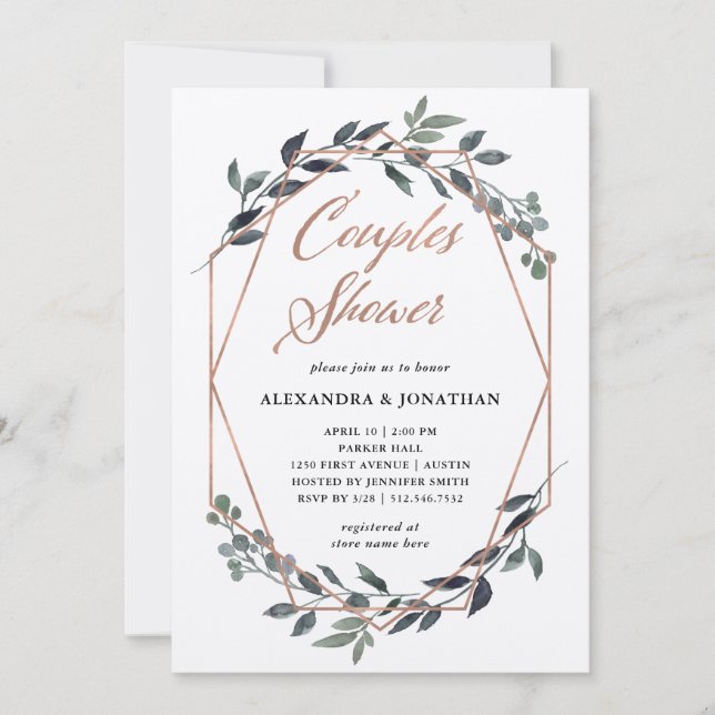 Greenery Geo Kraft | Rose Gold Couples Shower Invitation (Front)
