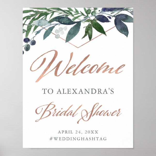 Greenery Geo | Rose Gold Bridal Shower Welcome Poster (Front)