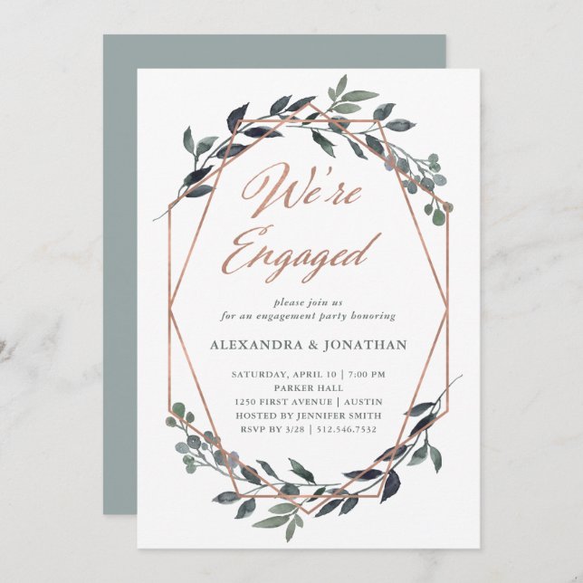 Greenery Geo | Rose Gold Engagement Party Invitation (Front/Back)