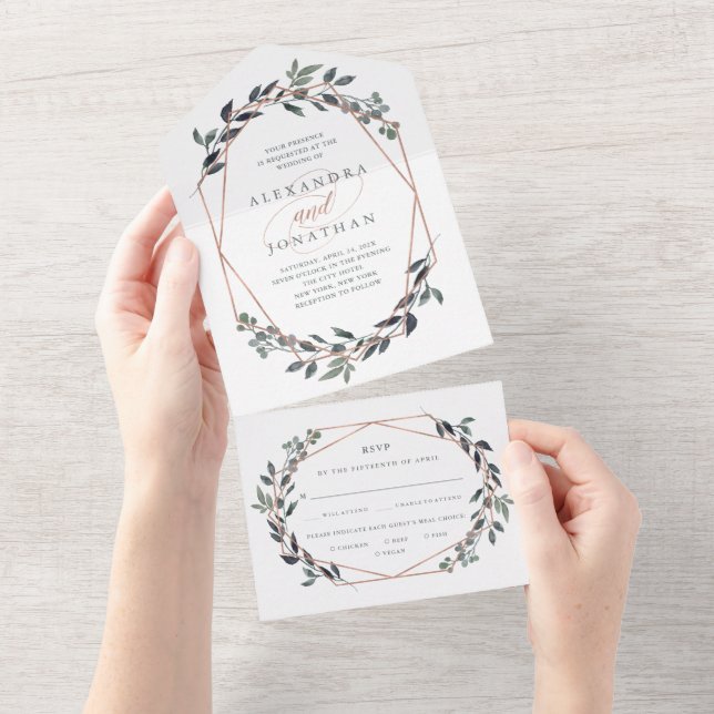 Greenery Geo | Rose Gold Wedding and Meal Choice A All In One Invitation (Tearaway)