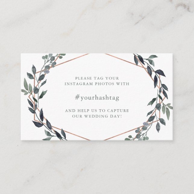Greenery Geo | Rose Gold Wedding Hashtag Enclosure Card (Front)