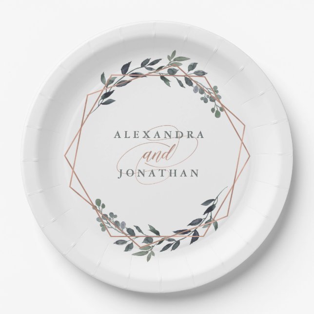 Greenery Geo | Rose Gold Wedding Paper Plate (Front)
