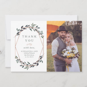 Greenery Geo Rose Gold Wedding Photo Thank You Card