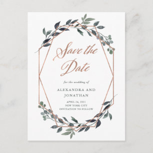Greenery Geo Rose Gold Wedding Save the Date Postcard