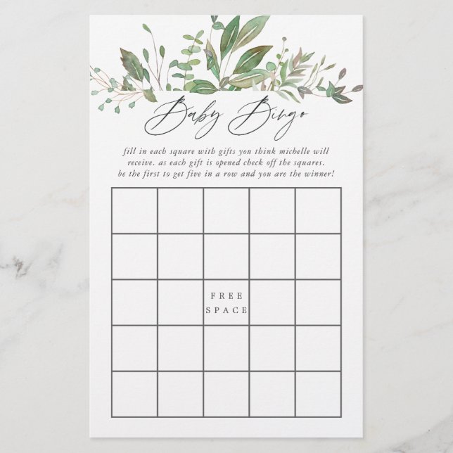 Greenery Geometric Baby Shower Baby Bingo (Front)