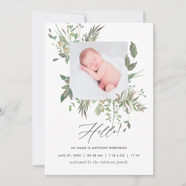 Greenery Geometric Birth Announcement Photo Card (Front)