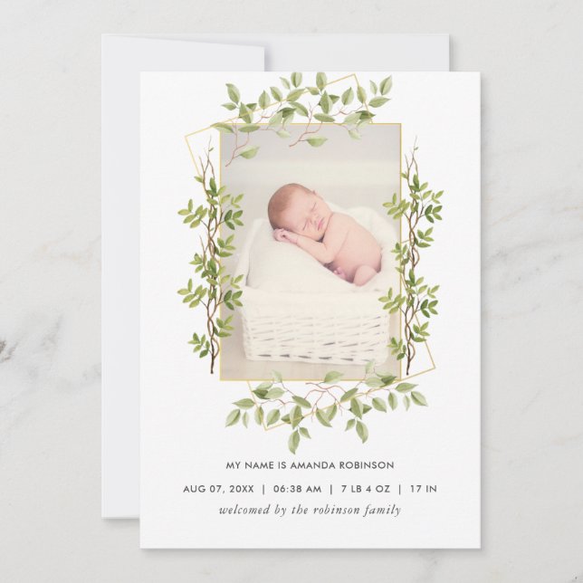 Greenery Geometric Birth Announcement Photo Card (Front)