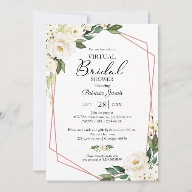 Greenery Geometric Floral Virtual Bridal Shower In Invitation (Front)