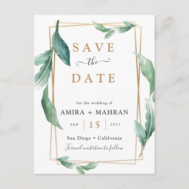 Greenery Geometric Frame Save the Date Postcard (Front)
