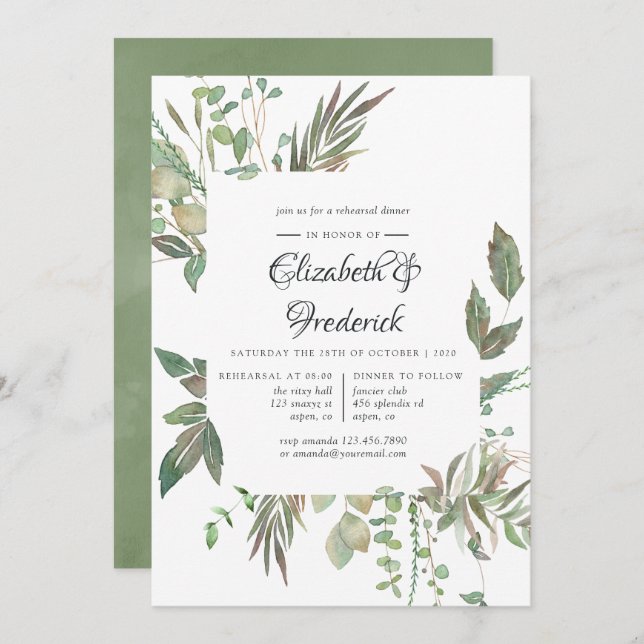 Greenery Geometric Wedding Rehearsal Dinner Invitation (Front/Back)