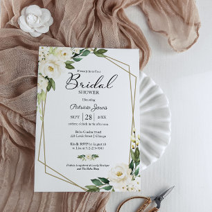 Greenery Geometric White Floral Bridal Shower Invitation
