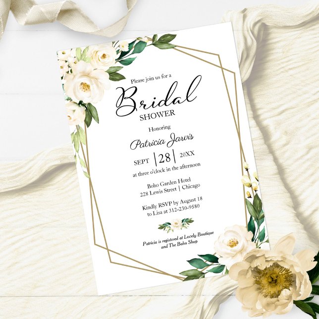 Greenery Geometric White Floral Bridal Shower Invitation (Creator Uploaded)