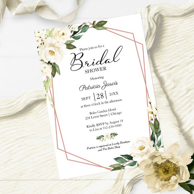 Greenery Geometric White Floral Bridal Shower Invitation (Creator Uploaded)