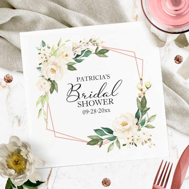 Greenery Geometric White Floral Bridal Shower Napkin (Creator Uploaded)