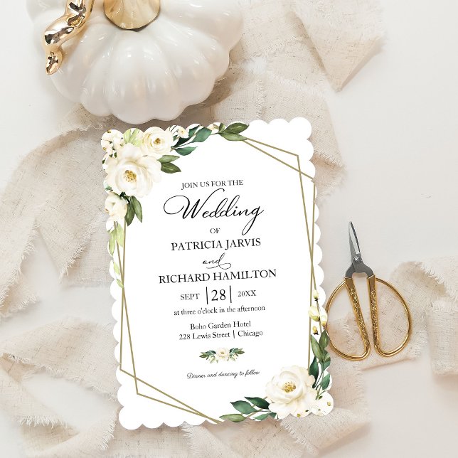 Greenery Geometric White Floral Wedding Invitation (Creator Uploaded)