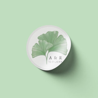 Greenery Ginkgo Tree Watercolor Wedding Monogram Classic Round Sticker