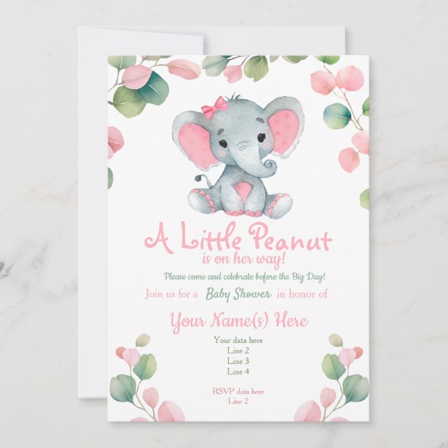 Greenery  Girl Elephant Baby Shower invitation (Front)