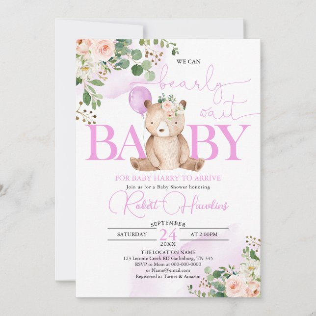 Greenery Girl Teddy Bear Balloon Baby Shower Invitation (Front)