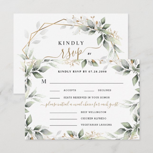 Greenery & Gold 3 Three Meal Choice Rustic Wedding RSVP Card (Front/Back)