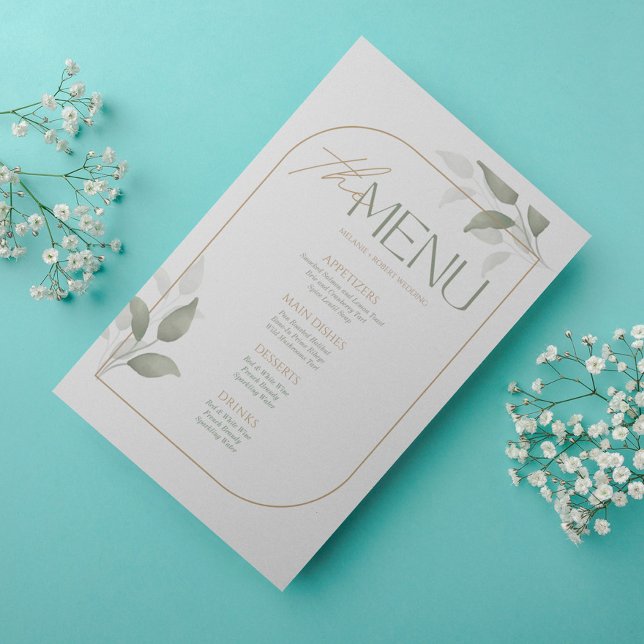 Greenery & Gold Aesthetic Rehearsal, Wedding Menu Invitation (Creator Uploaded)