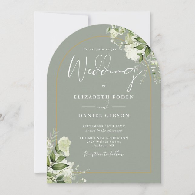 Greenery Gold Arch Monogram Sage Green Wedding Invitation (Front)
