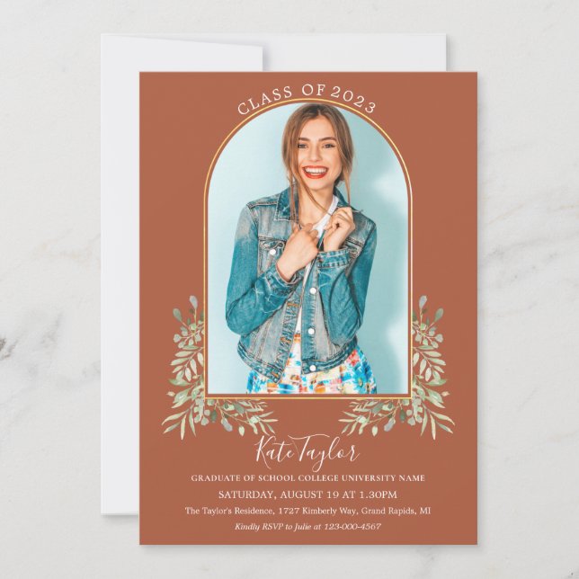 Greenery Gold Arch Terracotta Photo Graduation Inv Invitation (Front)