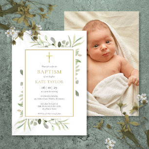 Greenery Gold Baptism Christening Photo Invitation