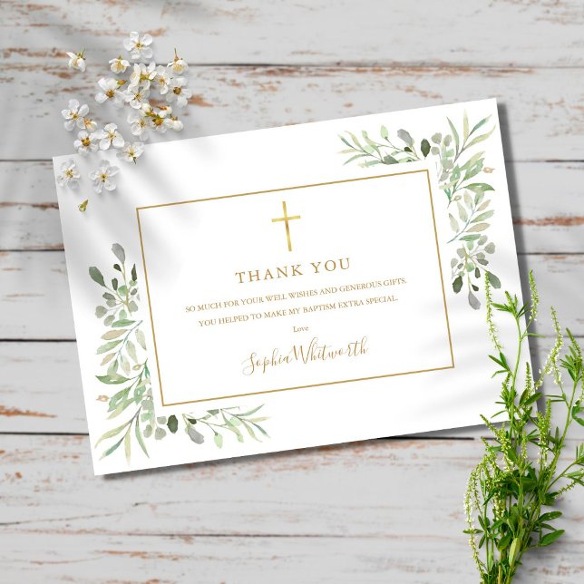 Greenery Gold Baptism Christening Photo Thank You Card (Creator Uploaded)