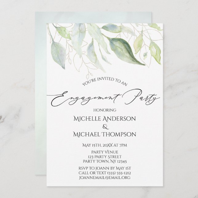 Greenery Gold Botanical Leaves Engagement Party Invitation (Front/Back)