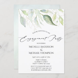 Greenery Gold Botanical Leaves Engagement Party Invitation