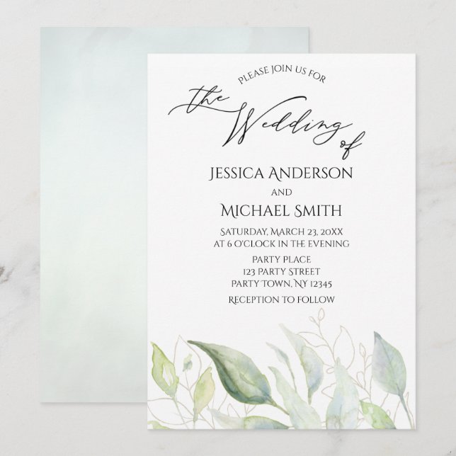 Greenery Gold Botanical Leaves Wedding Card (Front/Back)