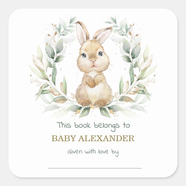 Greenery Gold Bunny Rabbit Baby Shower Bookplate Square Sticker (Front)