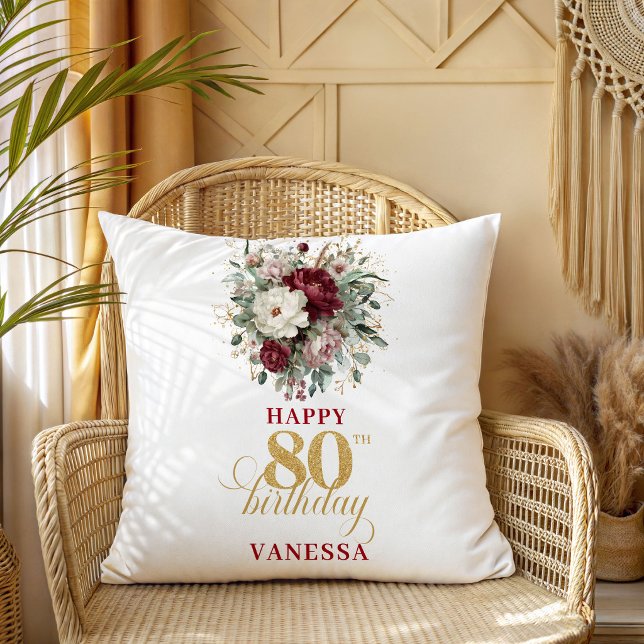 Greenery Gold Burgundy 80th Birthday Pillow (Greenery Gold Burgundy 80th Birthday Pillow)