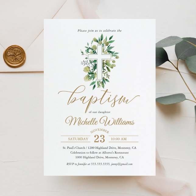 Greenery Gold Colour Calligraphy Baptism Invitation (Creator Uploaded)