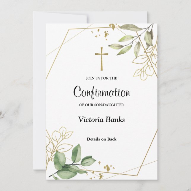 Greenery Gold Confirmation Invitation (Front)