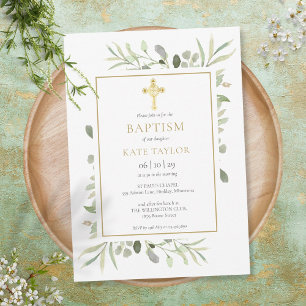 Greenery Gold Cross Baptism Christening Invitation