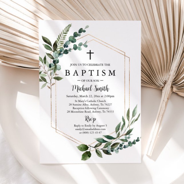 Greenery Gold Cross Baptism Invitation Christening (Creator Uploaded)