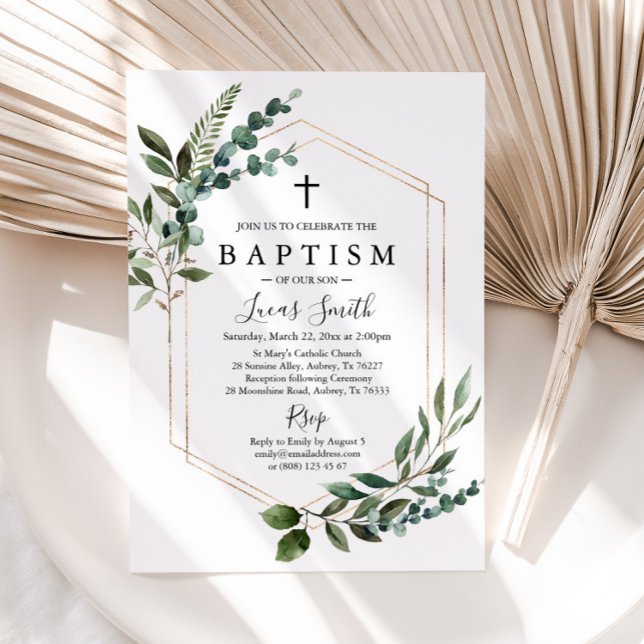 Greenery Gold Cross Baptism Invitation Christening (Creator Uploaded)
