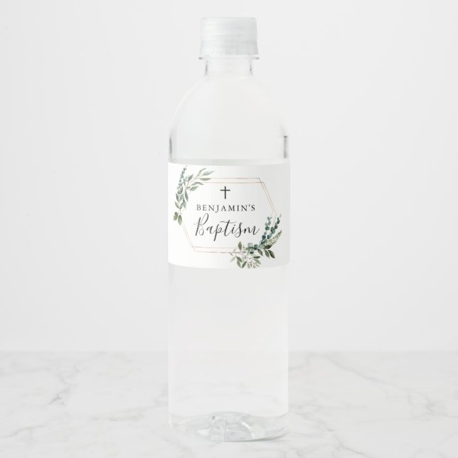 Greenery Gold Cross Baptism Water Bottle Label (Front)