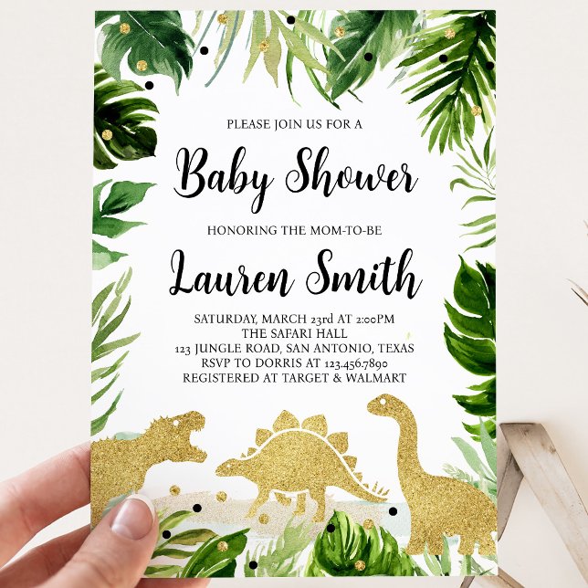 Greenery Gold Dinosaur Baby Shower  Invitation (Creator Uploaded)