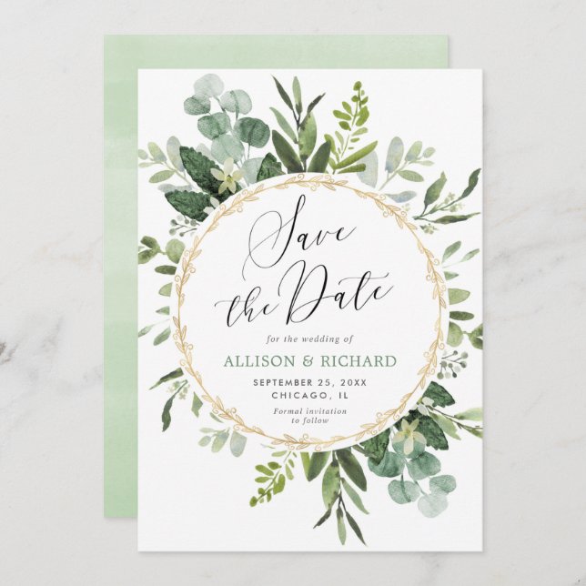 Greenery gold elegant modern Save the Date Invitation (Front/Back)