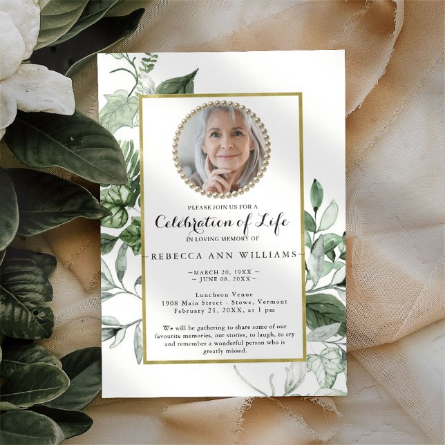 Greenery Gold Elegant Photo Celebration of Life Invitation (Creator Uploaded)