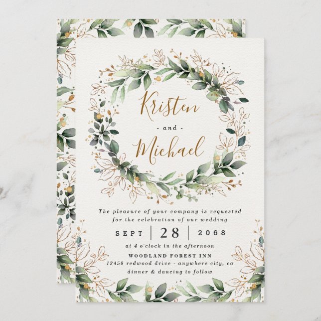 Greenery Gold Elegant Watercolor Boho Leaf Wedding Invitation (Front/Back)