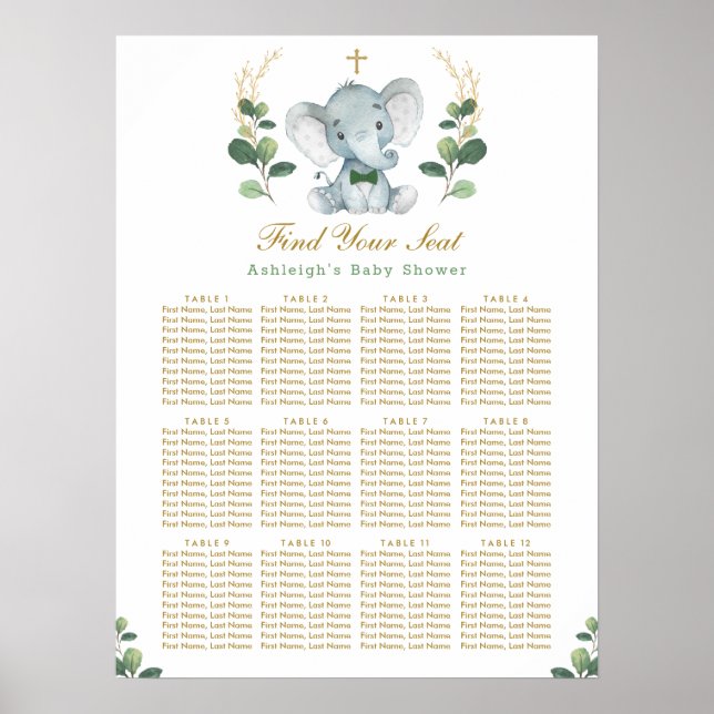 Greenery Gold Elephant Baptism Seating Chart (Front)