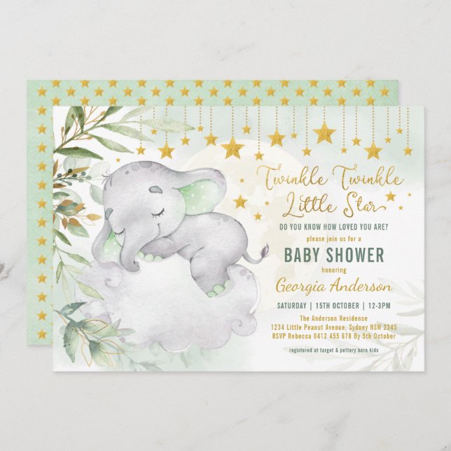 Greenery Gold Elephant Moon Stars Baby Shower Invitation (Front/Back)