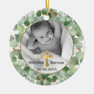 Greenery Gold Eucalyptus Baby Baptism Photo Ceramic Tree Decoration