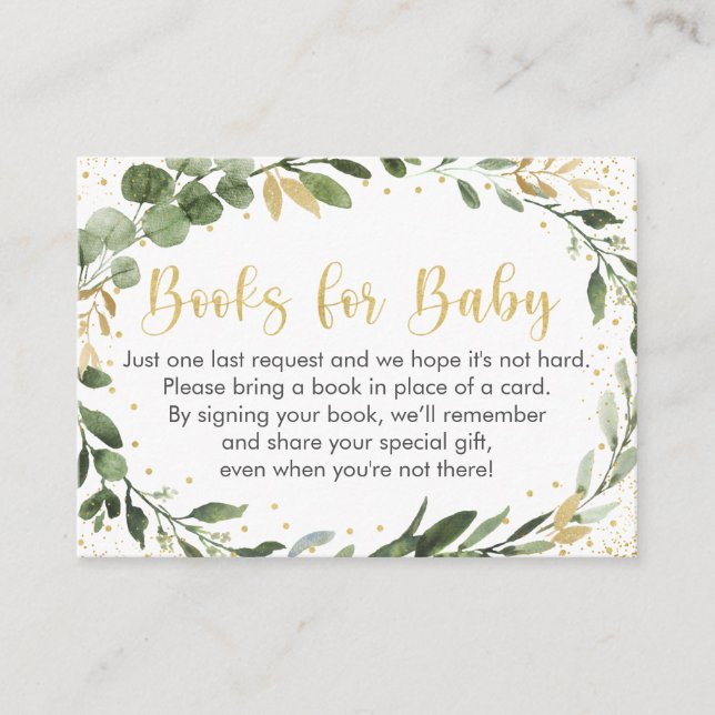 Greenery Gold Eucalyptus Baby Shower Book Request Enclosure Card (Front)
