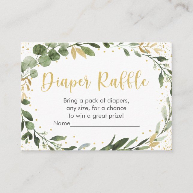 Greenery Gold Eucalyptus Baby Shower Diaper Raffle Enclosure Card (Front)