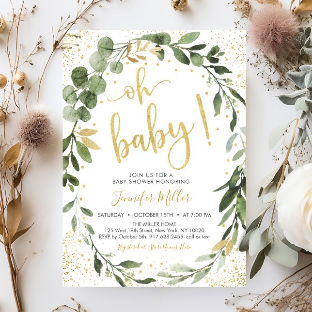 Greenery & Gold Eucalyptus Baby Shower Invitation (Creator Uploaded)
